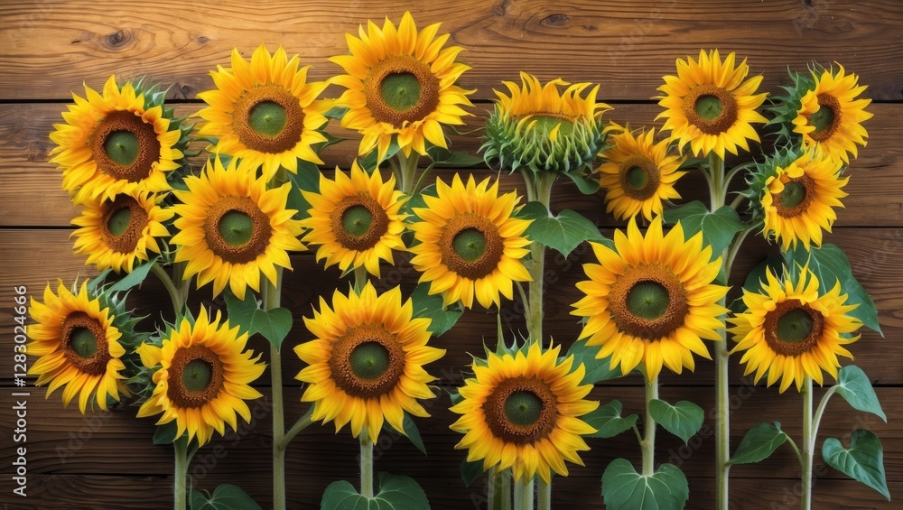 Bunch of vibrant sunflowers on wooden background with green leaves arranged in a neat pattern natural floral display Bunch of vibrant sunflowers on wooden background with green leaves arranged in a neat pattern natural floral display