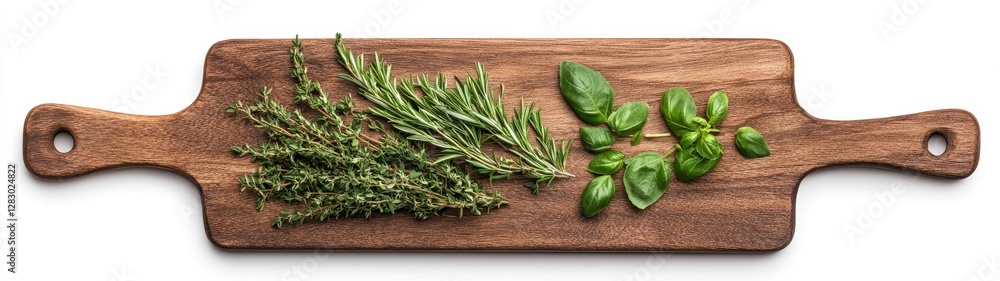 Fresh Herbs on Wooden Cutting Board for Culinary Purposes Fresh Herbs on Wooden Cutting Board for Culinary Purposes