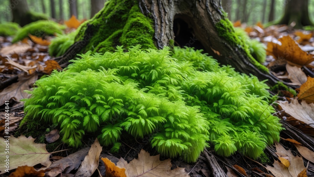 Lush green moss covering the ground near the base of a tree in a forest with fallen leaves in autumn season Lush green moss covering the ground near the base of a tree in a forest with fallen leaves in autumn season