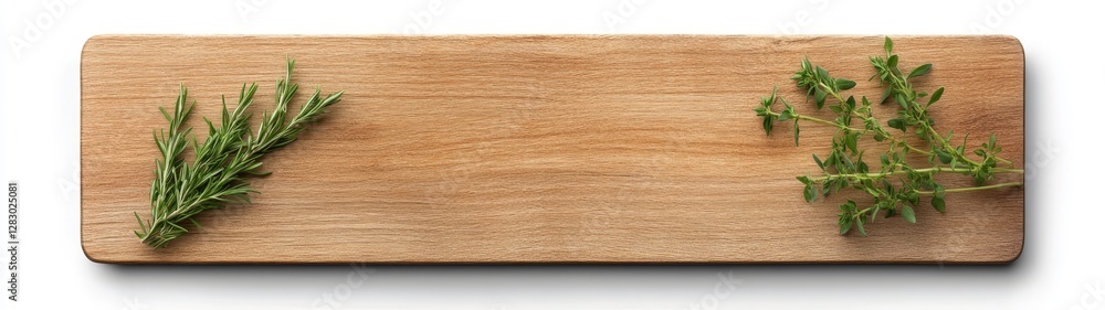 Fresh Rosemary and Thyme on Wooden Cutting Board Surface Fresh Rosemary and Thyme on Wooden Cutting Board Surface