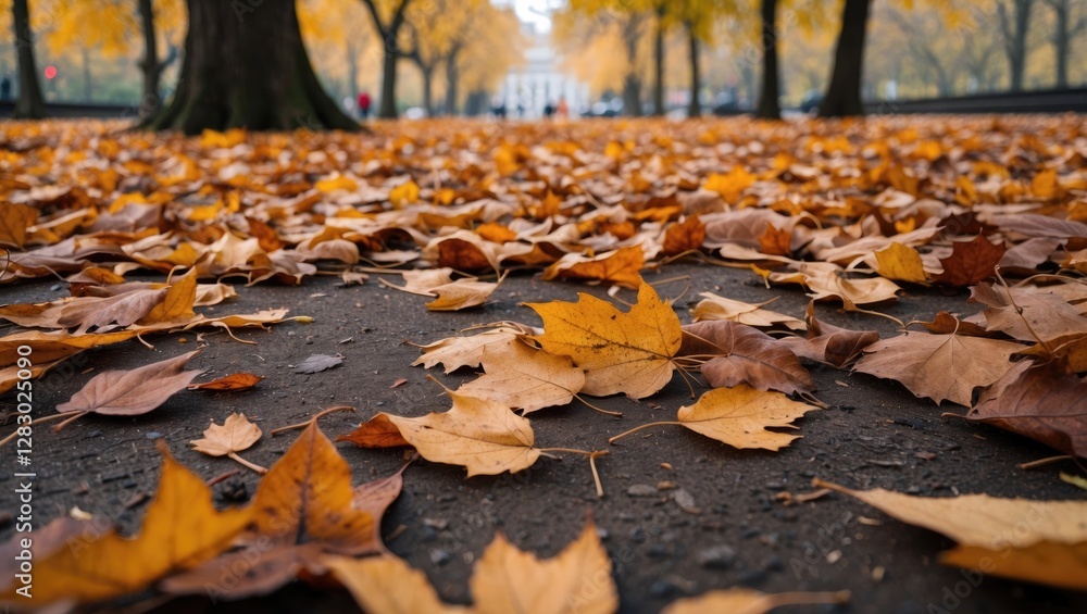Autumn leaves on the ground in a park setting with blurred trees and pathways in the background showing seasonal changes. Autumn leaves on the ground in a park setting with blurred trees and pathways in the background showing seasonal changes.