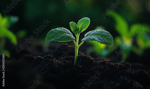 A close-up of a young seedling emerging from rich, dark soil. The tiny plant, with vibrant green leaves covered in delicate dewdrops, stands illuminated by soft natural light