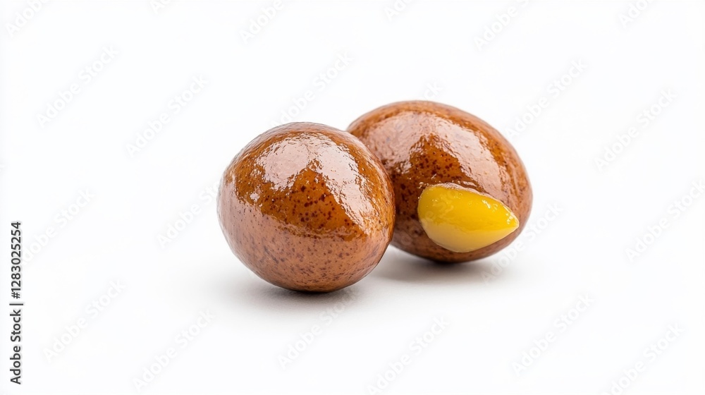 Shiny brown nuts with a hint of yellow seed isolated on a white background. Generative AI Shiny brown nuts with a hint of yellow seed isolated on a white background. Generative AI