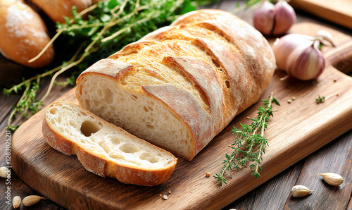 A freshly baked loaf of rustic bread with a golden crust and a soft, airy interior sits on a wooden cutting board. The bread is accompanied by sprigs of fresh thyme and garlic cloves