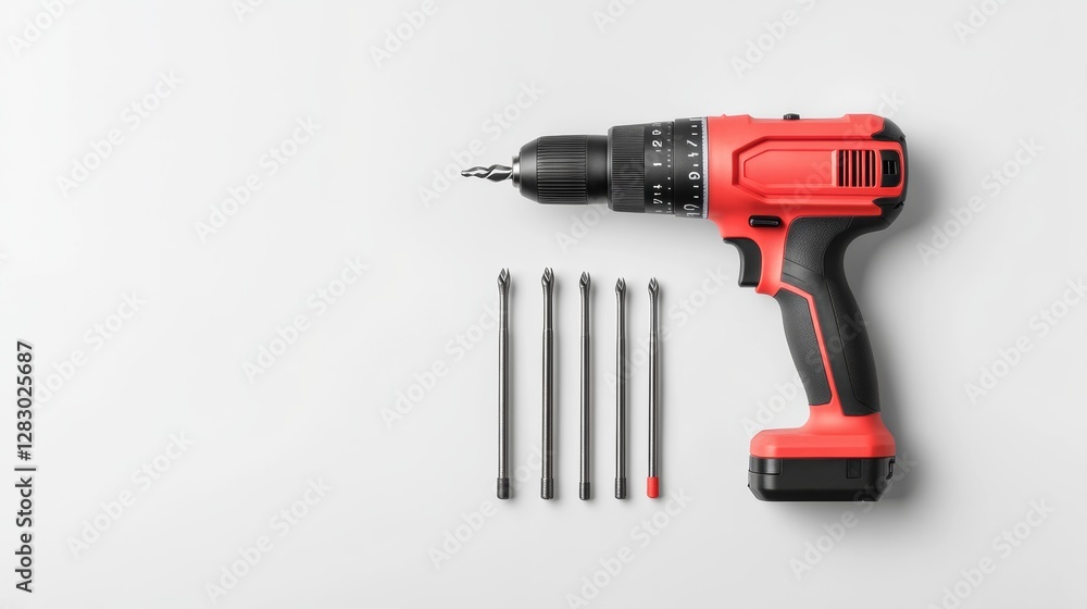 Cordless power drill with a lithium-ion battery, set of drill bits placed beside, isolated on a white background Cordless power drill with a lithium-ion battery, set of drill bits placed beside, isolated on a white background