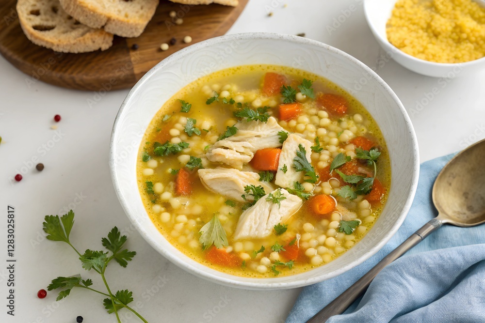 chicken pastina soup in a white bowl chicken pastina soup in a white bowl