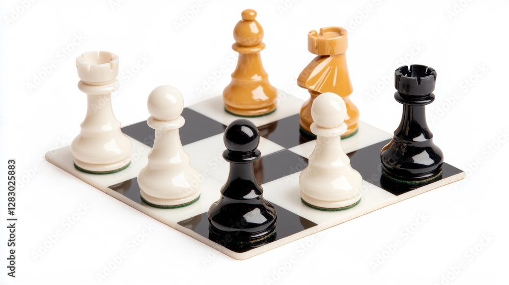 Abstract chess setup with various pieces isolated on white background strategic game scene. Generative AI Abstract chess setup with various pieces isolated on white background strategic game scene. Generative AI