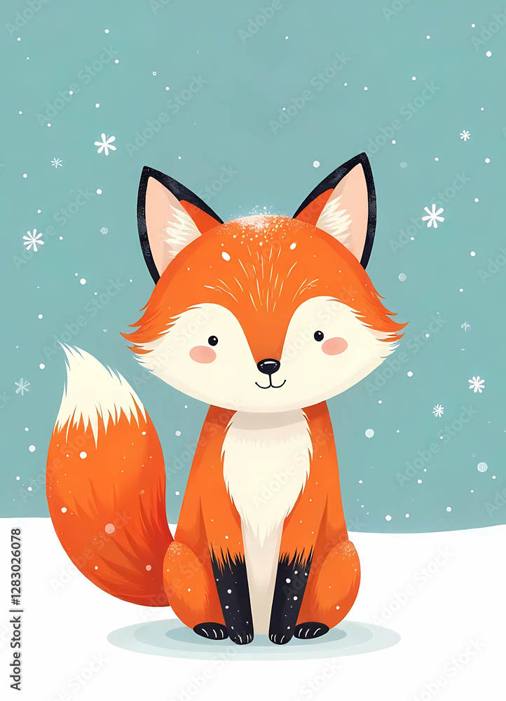 Fototapeta premium Cute fox sits on a snowy landscape