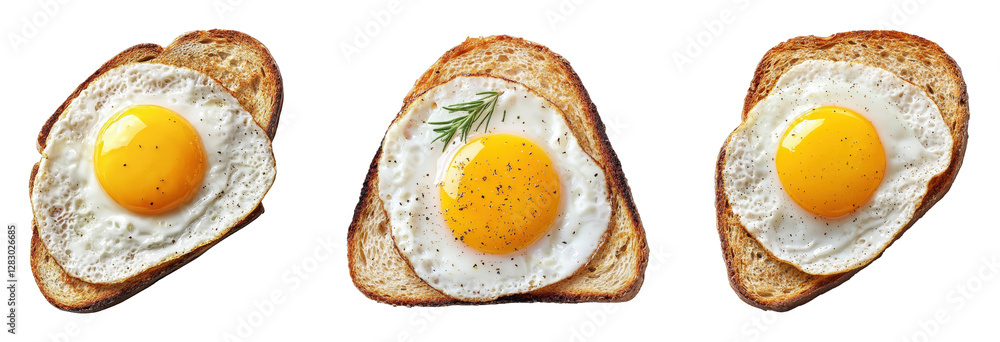 Delicious fried eggs on toasted bread slices Delicious fried eggs on toasted bread slices
