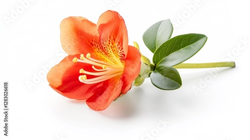 Vibrant Orange Blossom with Stamens and Green Leaves Isolated on White Background. Generative AI photo