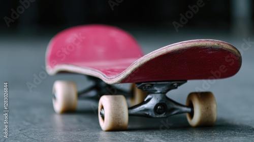 Pink skateboard resting on a grey floor photo