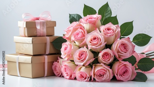 Bouquet of pink roses with decorative ribbon bows beside three gift boxes on a light background