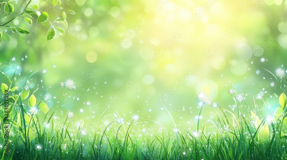 Fototapeta premium Dewy Dandelions in a Sunny Green Meadow