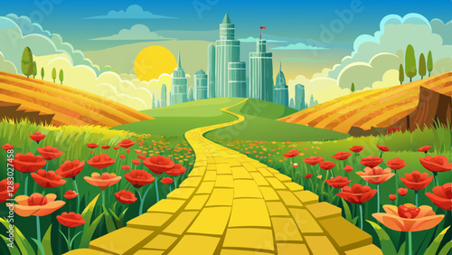 Yellow brick road leading through poppy field to green emerald city in the distance. Wizard of Oz concept.