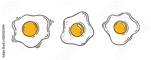 frying egg doodle line illustration set. frying egg hand drawn icon. breakfast drawing egg collection