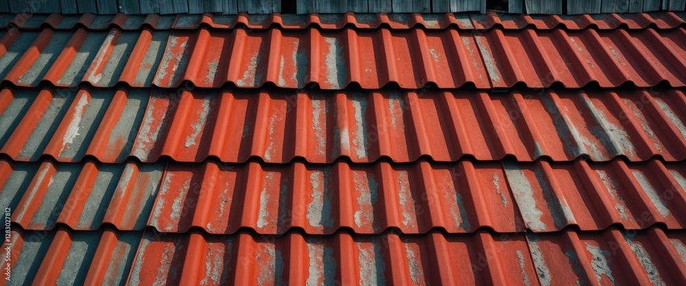 Roof tiles in a pattern of red and weathered gray shades arranged in rows on a building exterior. Roof tiles in a pattern of red and weathered gray shades arranged in rows on a building exterior.
