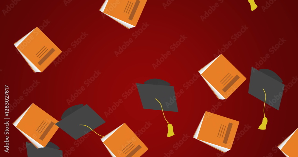 Naklejka premium Image of graduation hats and book icons over red background