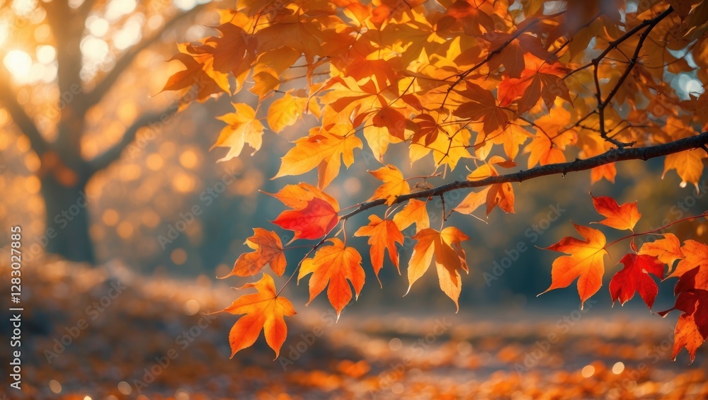 Autumn leaves with vibrant orange and red shades illuminated by sunlight in a wooded area during fall season Autumn leaves with vibrant orange and red shades illuminated by sunlight in a wooded area during fall season