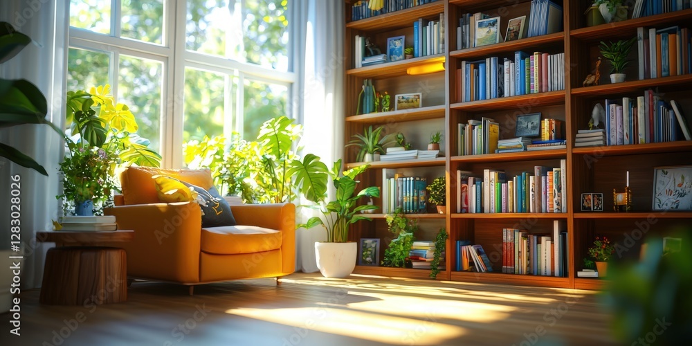 Fototapeta premium A stylish living room with a wooden bookshelf filled with books and small plants, surrounded by neutral tones and soft lighting.