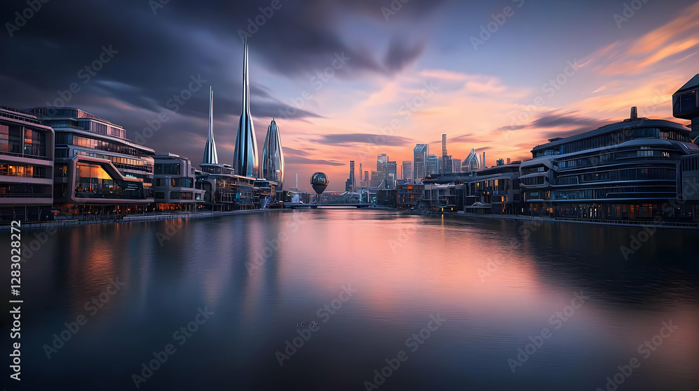 Fototapeta premium Digital Cityscape View Of Buildings Reflections On Water Surface During Evening Sunset And Blue Cloudy Sky
