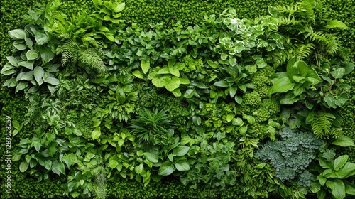 Lush green wall of plants, natural decoration, indoors, background for design