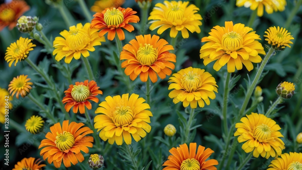 Bright yellow and orange flowers in full bloom with green foliage in a garden setting during daylight. Bright yellow and orange flowers in full bloom with green foliage in a garden setting during daylight.