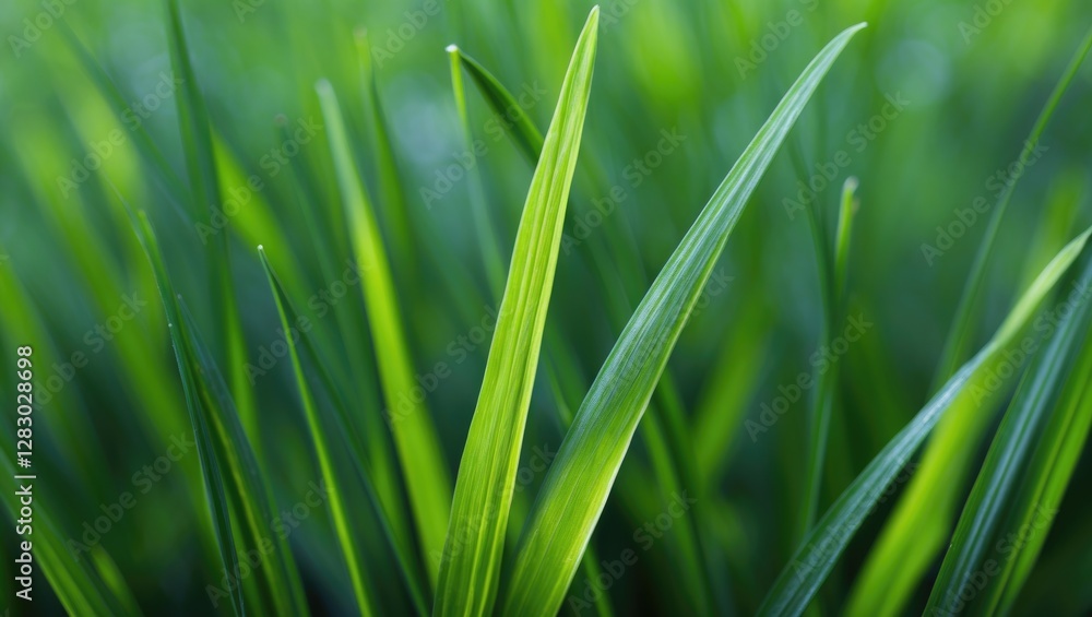 Close-up view of blades of green grass with dew droplets in soft natural light environment Close-up view of blades of green grass with dew droplets in soft natural light environment