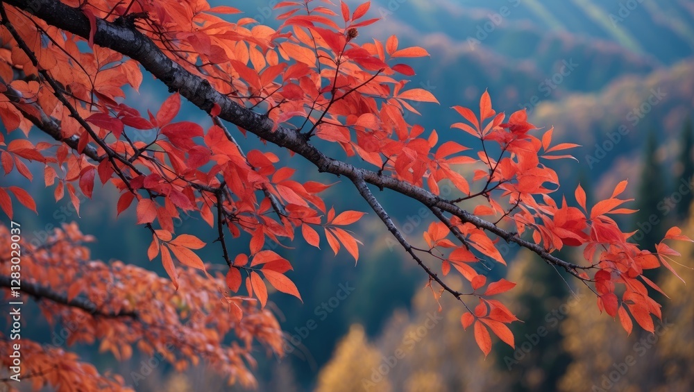 autumn leaves on tree branch with vibrant red foliage and blurred forest background in natural light autumn leaves on tree branch with vibrant red foliage and blurred forest background in natural light