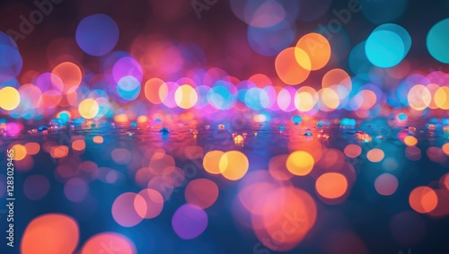 abstract blurred bokeh background with colorful round light spots in vibrant hues of blue pink orange and purple photo