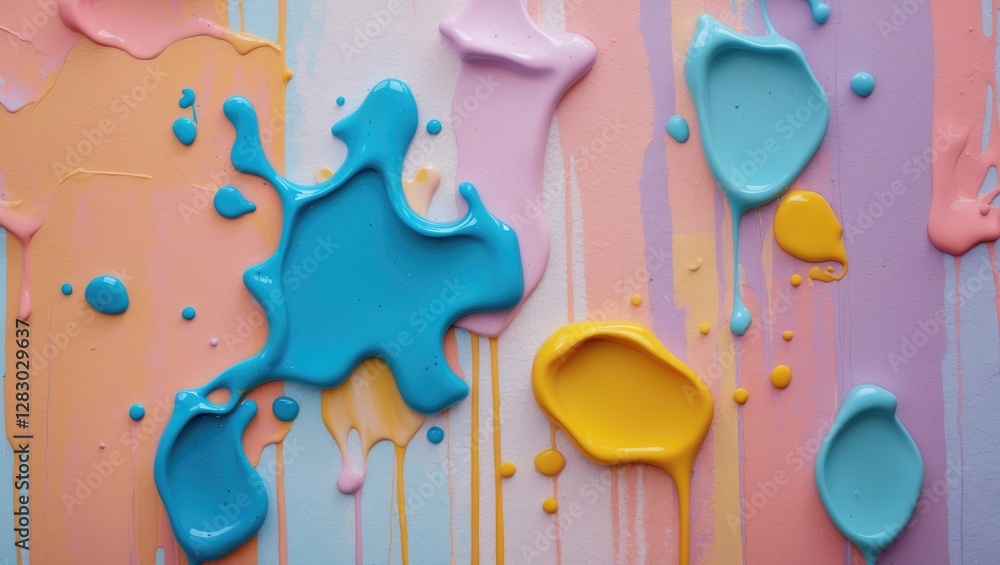 custom made wallpaper toronto digitalColorful paint splashes and drips on a pastel background with shades of blue, pink, yellow, and purple in abstract art composition.