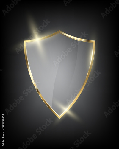 Gold Transparent glass protection shield with glow effect, Realistic isolated golden armory trophy, 3d luxury safety protection Security concept, vintage guard shiny royal award.