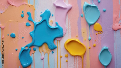 Wallpaper Mural Colorful paint splashes and drips on a pastel background with shades of blue, pink, yellow, and purple in abstract art composition. Torontodigital.ca