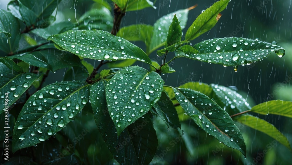 Close-up of green leaves with water droplets during rainfall with blurred background in a natural setting. Close-up of green leaves with water droplets during rainfall with blurred background in a natural setting.