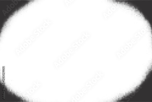 Halftone comic dotted background. Vector old paper grainy frame. Grunge retro gradient border. Abstract pop art design element.