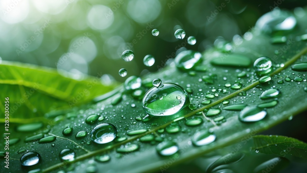Close-up of water droplets on green foliage displaying natural freshness and detail in a botanical setting Close-up of water droplets on green foliage displaying natural freshness and detail in a botanical setting