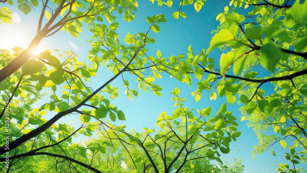 Obraz premium Sunlight filtering through vibrant green leaves against a clear blue sky in a lush forest setting.