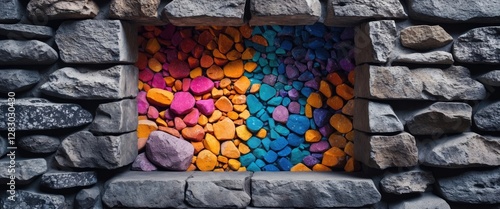 Colorful stones in a stone wall opening with contrasting hues of purple, orange, yellow, and turquoise in a rustic setting photo