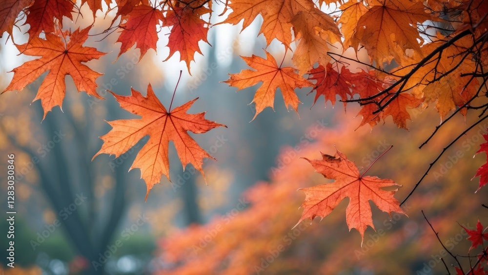 Autumn foliage with vibrant orange maple leaves against a blurred background of trees in fall season. Autumn foliage with vibrant orange maple leaves against a blurred background of trees in fall season.