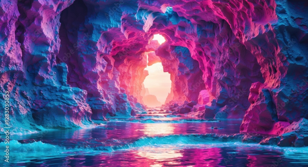 Fototapeta premium Colorful cave landscape with water reflection and vibrant lighting in shades of pink, purple, and blue. Natural rock formations and tranquil setting.
