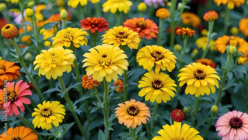 Colorful bouquet of vibrant marigold flowers in various shades of yellow, orange, and pink with lush green foliage background Colorful bouquet of vibrant marigold flowers in various shades of yellow, orange, and pink with lush green foliage background
