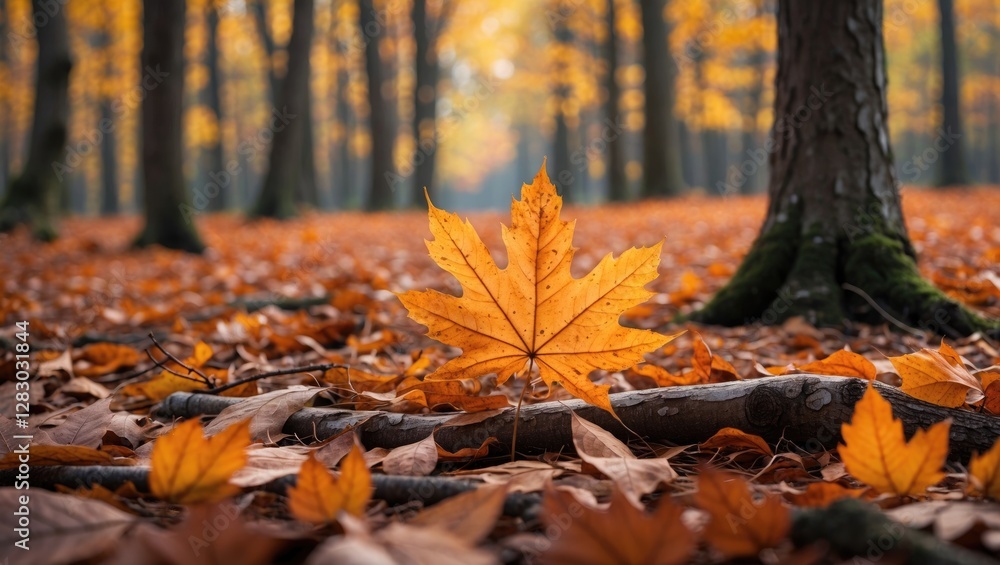 Autumn forest scene featuring vibrant orange maple leaves on the ground with trees in the background and soft warm lighting Autumn forest scene featuring vibrant orange maple leaves on the ground with trees in the background and soft warm lighting