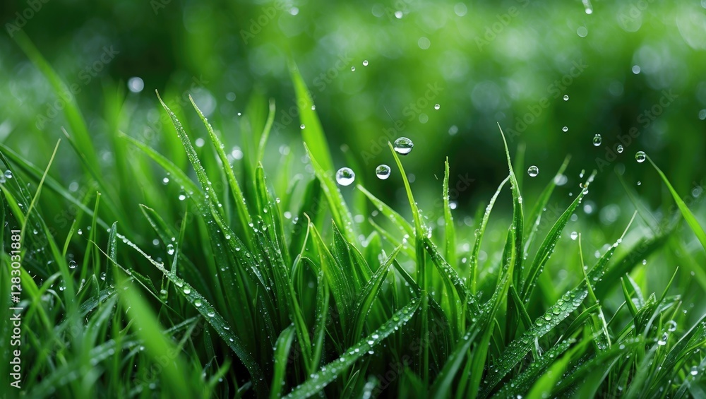 Obraz premium Close-up of fresh green grass blades with water droplets in sunlight creating a natural and vibrant texture in a garden or outdoor setting