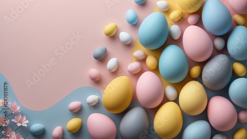 Pastel colored Easter eggs arranged on a soft background with flowers for festive decoration flat lay composition