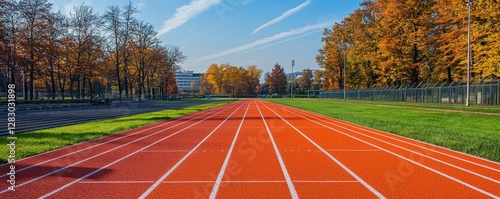 A vibrant red running track stretches into the distance, framed by colorful trees and a clear blue sky, showcasing an ideal autumn day for outdoor activities.