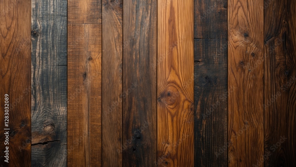 Naklejka premium Wooden wall panels with varying textures and colors showcasing a natural wood finish in rich browns and blacks