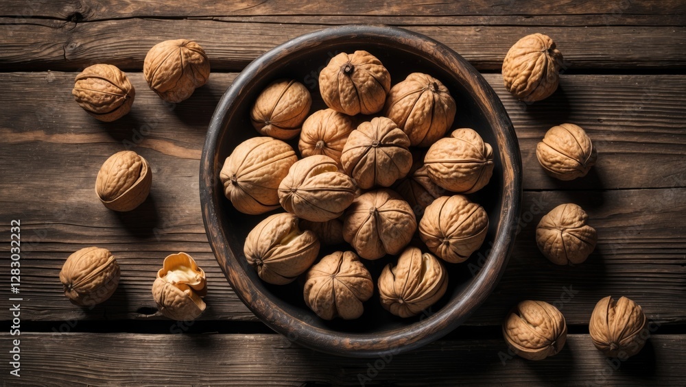 Walnuts in a rustic wooden bowl surrounded by whole walnuts on a dark wooden table surface natural still life composition Walnuts in a rustic wooden bowl surrounded by whole walnuts on a dark wooden table surface natural still life composition