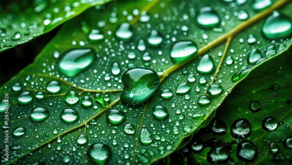 Close-up of green leaves with water droplets glistening on surface highlighting nature's freshness and moisture detail