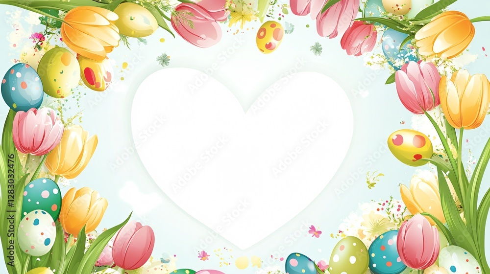A whimsical spring frame where tulips and Easter eggs form a heart-shaped border, ideal for romantic Easter-themed compositions A whimsical spring frame where tulips and Easter eggs form a heart-shaped border, ideal for romantic Easter-themed compositions