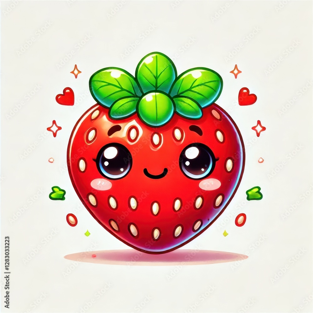Obraz premium Cute anthropomorphic strawberry character with a smiling face and big eyes. 2D digital illustration in kawaii style. Fun food and children's illustration concept.