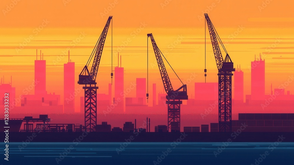Fototapeta premium Cranes working the ocean for energy industrial concept. Dramatic Silhouette of Industrial Cranes Constructing a Skyline at Sunset
